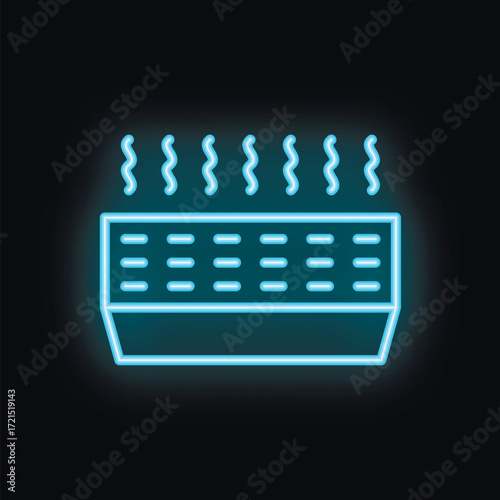 Blue glowing neon icon of an air conditioner emitting heat waves on a black background