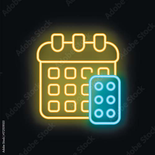 Glowing neon calendar and pack of pills reminding to take medicine according to schedule