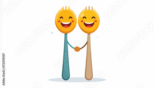 Happy Spoons Holding Hands Cartoon Illustration of Friendship and Good Food