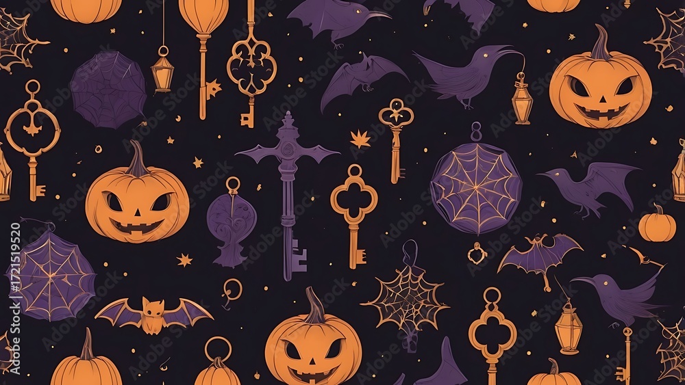 Elegant Halloween background with intricate key and constellation design. Unique vector pattern featuring gothic elements, stained glass lanterns, and nocturnal wildlife. Perfect for cards, packaging