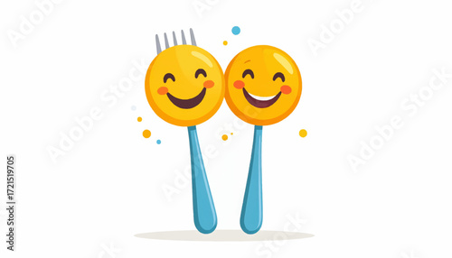 Cute cartoon couple of a spoon and fork with happy smiling emoji faces. A fun vector illustration for food, love, and friendship concepts on a white background