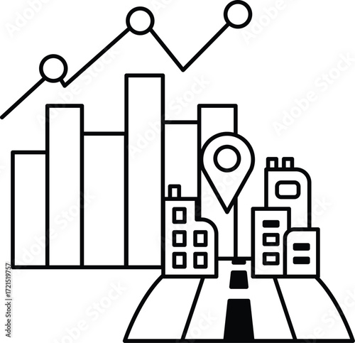 A city skyline with a road and a map with a pin on it