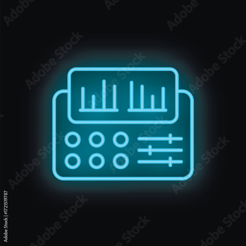 Blue neon icon of a music mixer with faders and knobs, glowing on a black background, perfect for music and audio projects