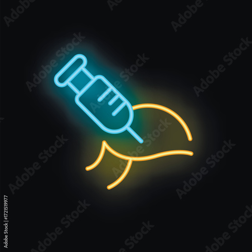 Neon syringe injecting into skin icon for beauty salons or hospitals