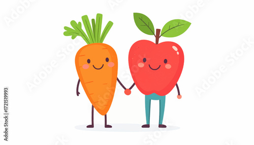 Cheerful carrot and apple friends happily holding hands, symbolizing healthy eating habits