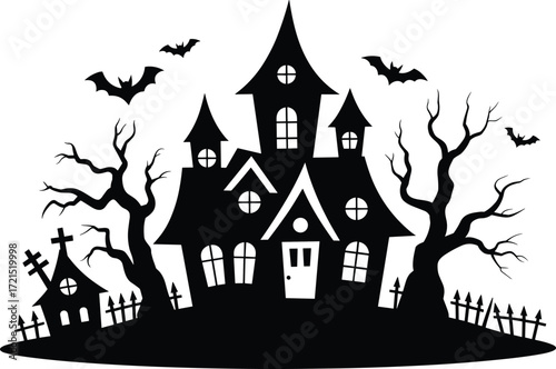 Halloween haunted house illustration, spooky silhouette with bats twisted trees gravestones chapel broken fence white background, eerie festive vector clipart