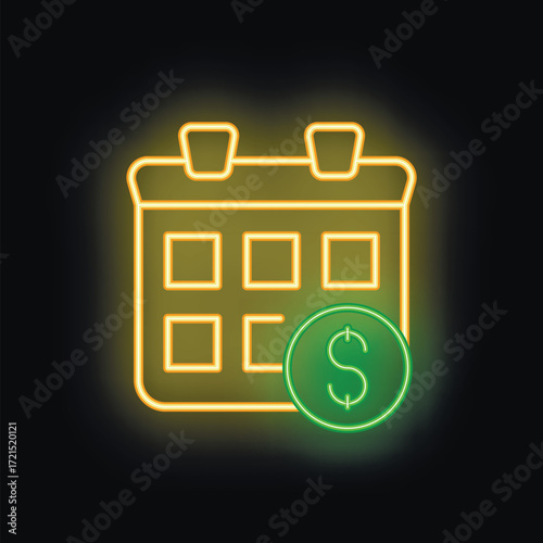 Glowing neon icon of calendar with marked payday on black brick wall background
