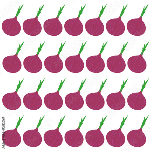 Seamless pattern vector illustration featuring uniform red onions with deep purple skin and green tops, creating a fresh, vibrant, and playful design ideal for food, farm, and nature projects.
