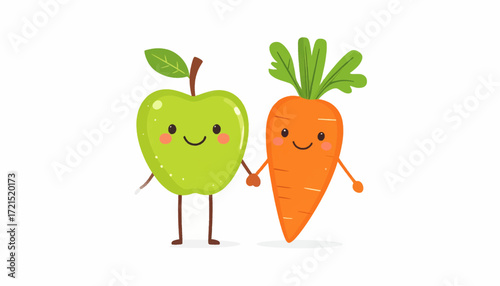 Charming and vibrant cartoon illustration of a joyful green apple and a cheerful orange carrot happily holding hands, promoting healthy eating and wholesome connections