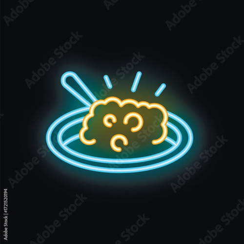 Neon sign of appetizing food steaming on a plate with fork, perfect for restaurant advertisement