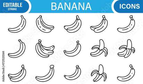Editable banana icon set for healthy lifestyle, vegan, and nutrition.
