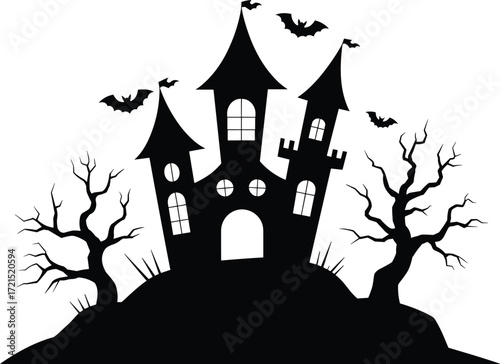 Halloween haunted house illustration, spooky silhouette with bats twisted trees jagged grass hill white background, eerie festive design, vector clipart