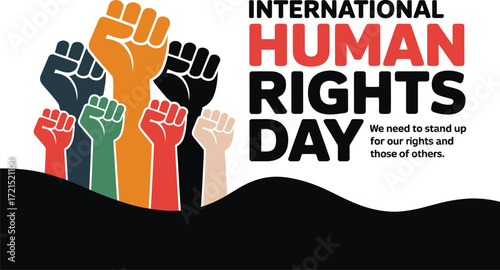 Diverse fists raised in solidarity celebrating International Human Rights Day.