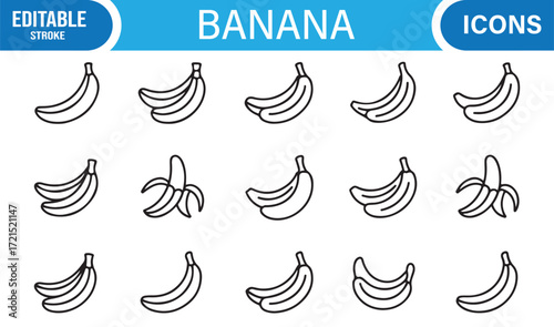Banana icons set in editable line art style with peeled and bunch designs.