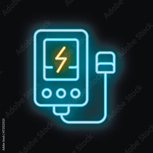Neon sign of a defibrillator with electric shock symbol showing, glowing blue and yellow on black background