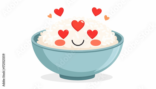 Adorable Cartoon Rice Bowl with a Smiling Face and Floating Hearts Expressing Love and Happiness