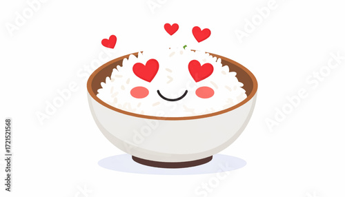 A charming illustration of a bowl of white rice with heart-shaped eyes and blush, expressing love and affection