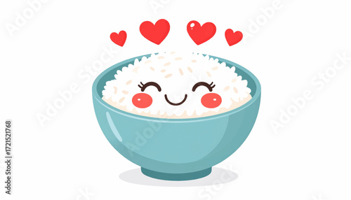 Cute kawaii rice bowl with hearts illustration, representing love for food and simple joys