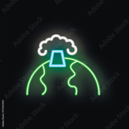 Neon icon of industrial factory polluting planet earth with smoke