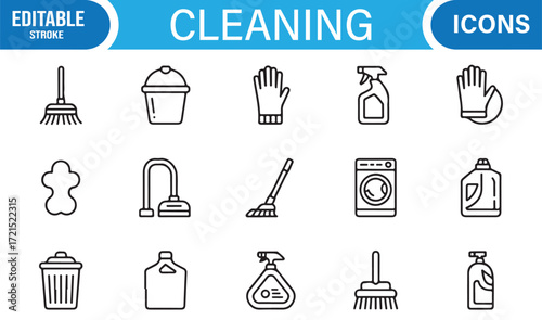 Editable stroke cleaning icons pack for household chores and hygiene.