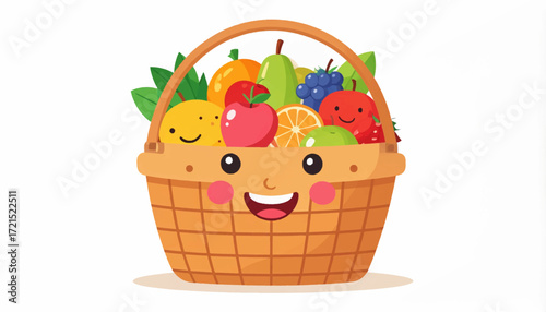 Smiling Fruit Basket A cheerful illustration of a wicker basket overflowing with a vibrant, healthy assortment of fresh produce, symbolizing goodness and well-being