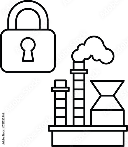 A black and white image of a lock and a factory with smoke coming out of it