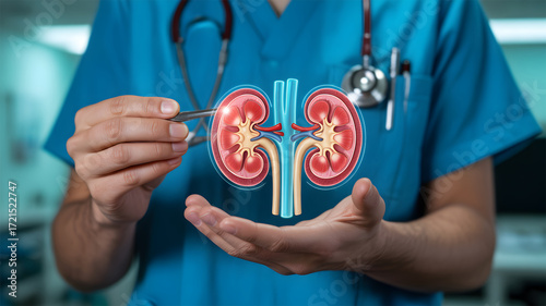 Doctor Holding Kidney Diagram in Hands — Human Renal System Anatomy, Urology Health and Medical Concept