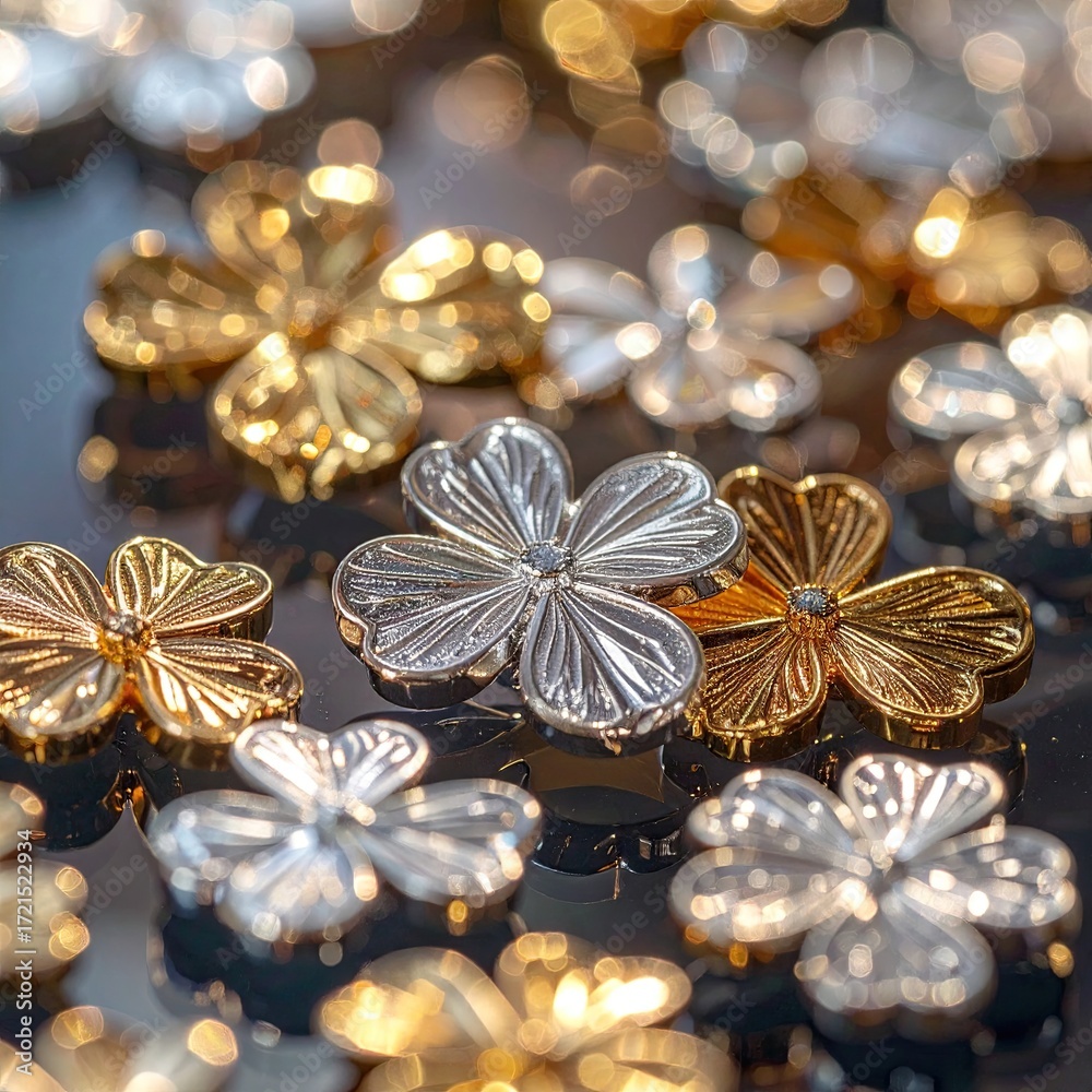 Fototapeta premium Gold Silver Decorative Flower Shaped Buttons.
