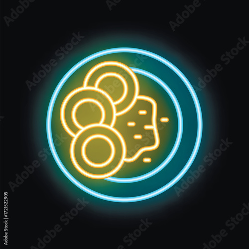 Neon sign illustrating potatoes and gravy on a plate, glowing on a dark background