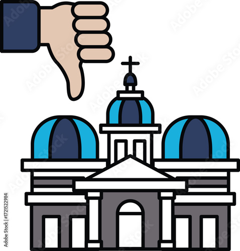 A building with a cross on top and a thumbs down sign below it