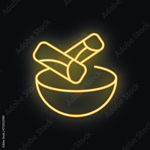 Glowing neon sign representing a mortar and pestle, traditional tools for preparing herbal remedies