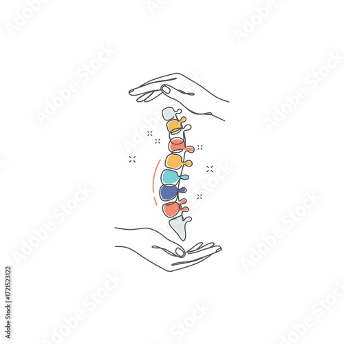 Continuous line drawing of human spine with protective hands, symbolizing chiropractic care, back pain treatment, and overall spinal health and wellness.