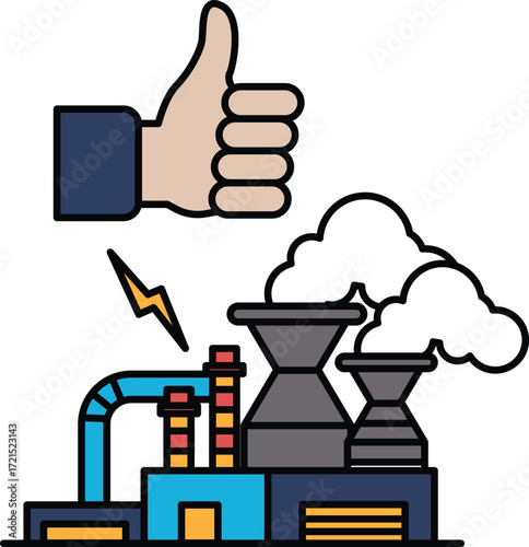 A thumbs up sign is above a factory with a lot of smoke coming out of it