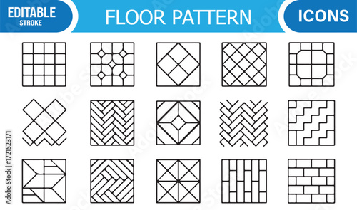 Minimal line icons of decorative flooring, paving, and tiling motifs.