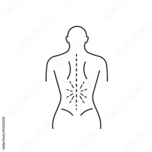This minimalist line illustration depicts the human torso from behind, highlighting the spinal column and a radiating area of discomfort, symbolizing lumbar pain or injury.