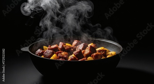 Traditional Central Asian Kuurdak steaming in a rustic cast-iron kazan