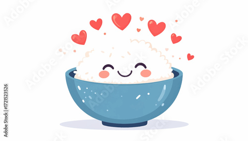 A delightful illustration of a happy bowl of rice with hearts floating around it, representing love for food and a healthy lifestyle