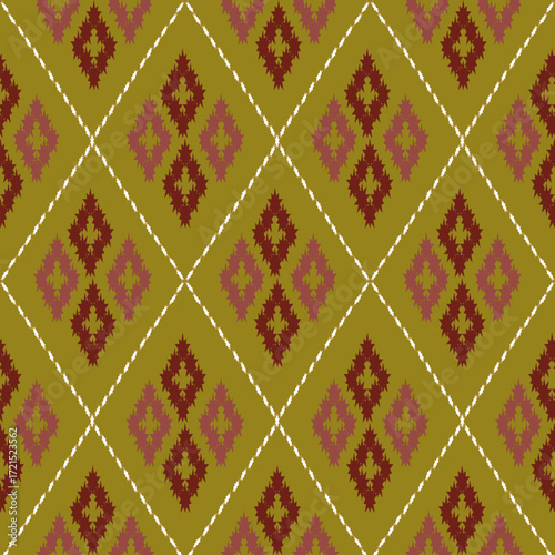 They all use a similar color palette of earthy tones like olive green, red, and yellow, with some patterns including light blue or white accents.