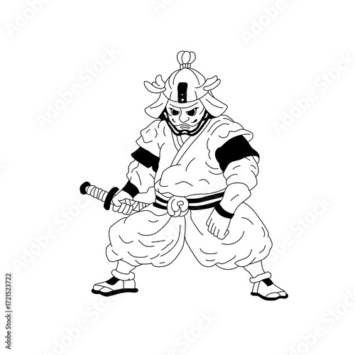 A fierce warrior in traditional Japanese samurai armor stands ready with a sword, exuding strength and determination in a classic illustrative style.