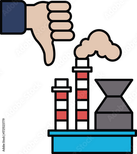 A hand is giving a thumbs down to a factory