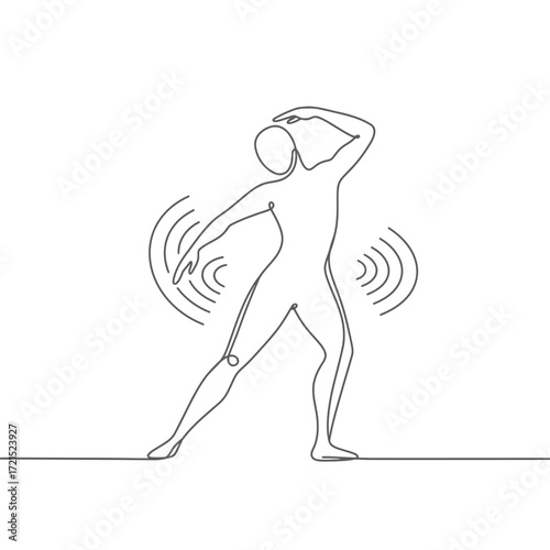 An elegant single line art illustration portrays a person in dynamic motion, radiating energy and expressive movement on a white background.