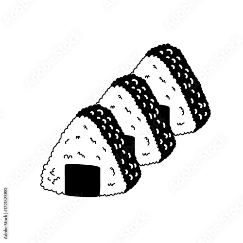 Three stylized black and white Japanese rice balls with seaweed wrappers arranged diagonally on a clean background