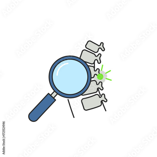 A magnifying glass meticulously examines a human spine, pinpointing a glowing, problematic vertebra, symbolizing medical diagnosis and spinal health issues.