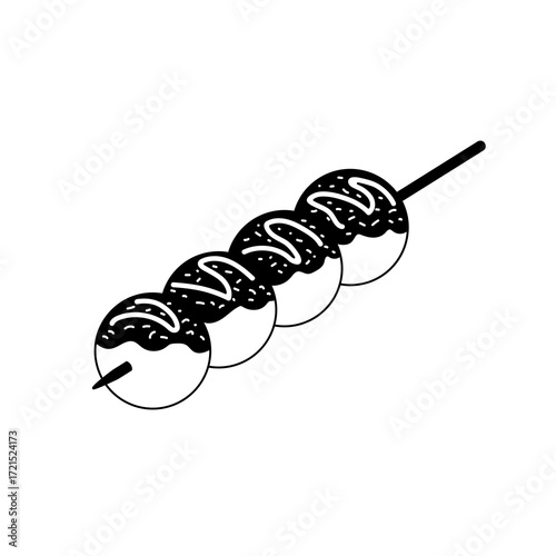 Delicious Japanese Takoyaki street food on a skewer served with sauce and sprinkles, a popular and tasty snack.