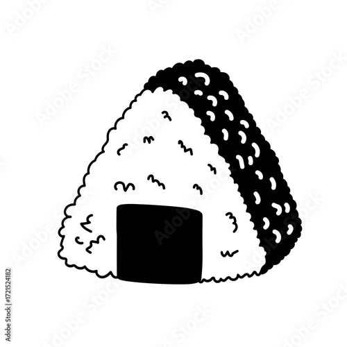 Simple black and white illustration of a Japanese rice ball onigiri with a nori seaweed wrap for a modern and clean food presentation.