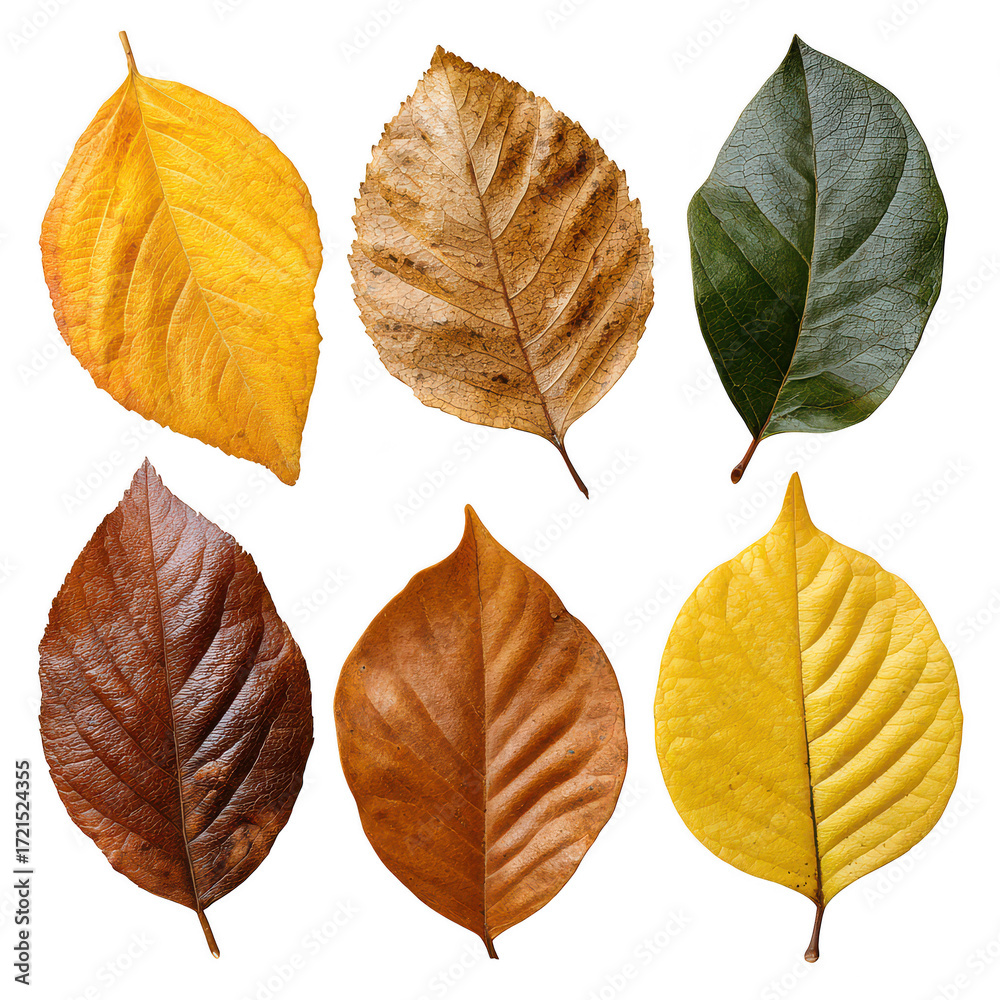 Fototapeta premium Nostalgic set of pressed autumn leaf in yellow, green, and brown color, isolated on transparency background. natural collection showing seasonal foliage and life cycle change
