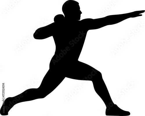 Black and white vector silhouette of shot putter with fully extended arm, minimalist athletic pose capturing motion, strength and balance for creative sports design projects