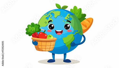Cheerful cartoon Earth character holding a basket of fresh produce, symbolizing healthy eating, environmental well-being, and sustainable food choices for a vibrant world