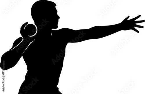 Black and white vector silhouette of shot flying from athlete’s hand, dynamic minimalist design capturing motion, power and athletic energy for creative sports projects