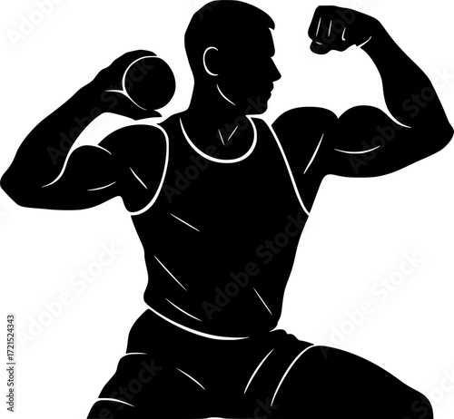 Black and white vector silhouette of shot putter flexing muscles, minimalist athletic pose capturing strength, power and confidence for creative sports design projects